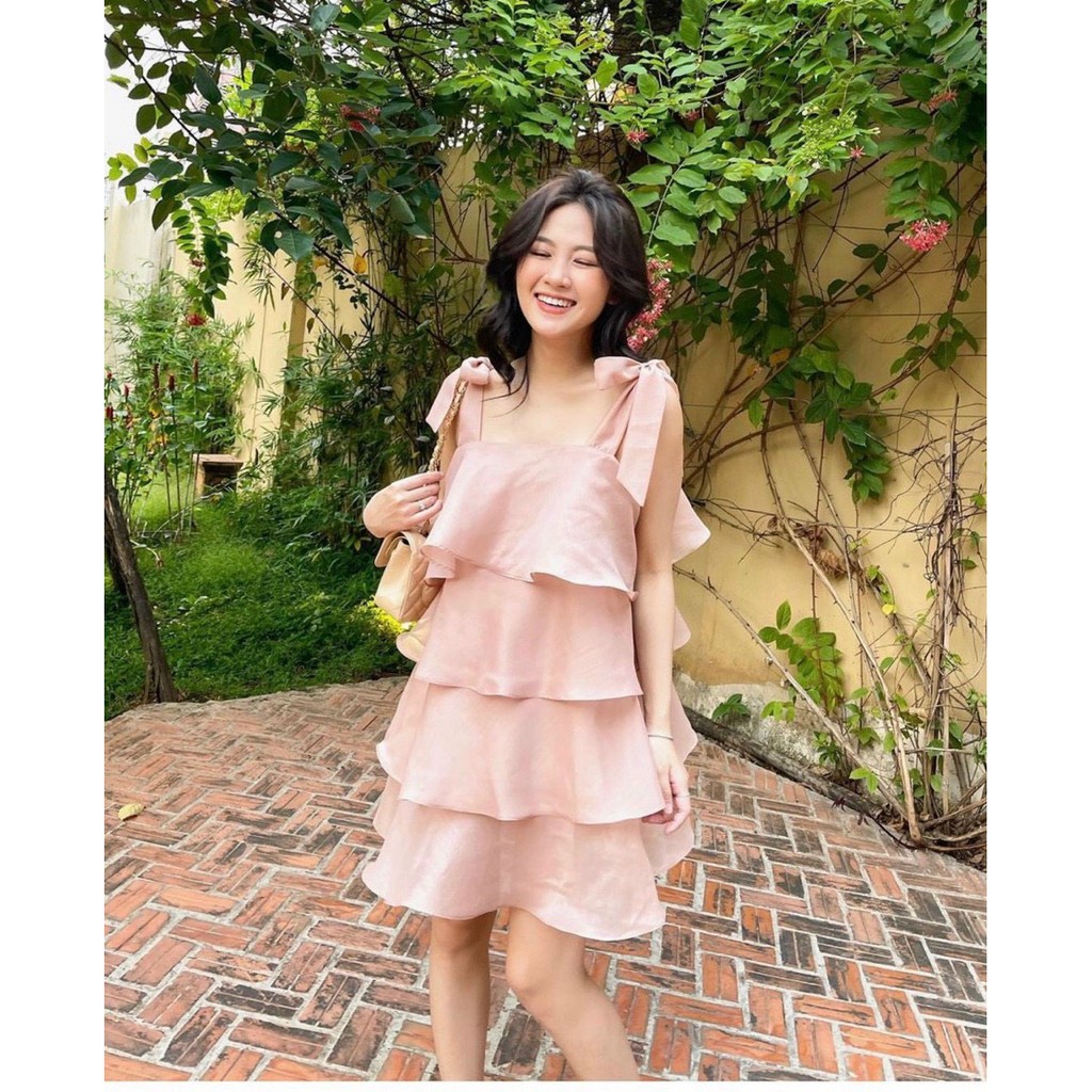 [Mã WASTMAY giảm 15% tối đa 30K đơn 150K] ĐẦM HAI DÂY CỘT NƠ VAI XẾP TẦM 2 MÀU HỒNG TRẮNG TD | BigBuy360 - bigbuy360.vn