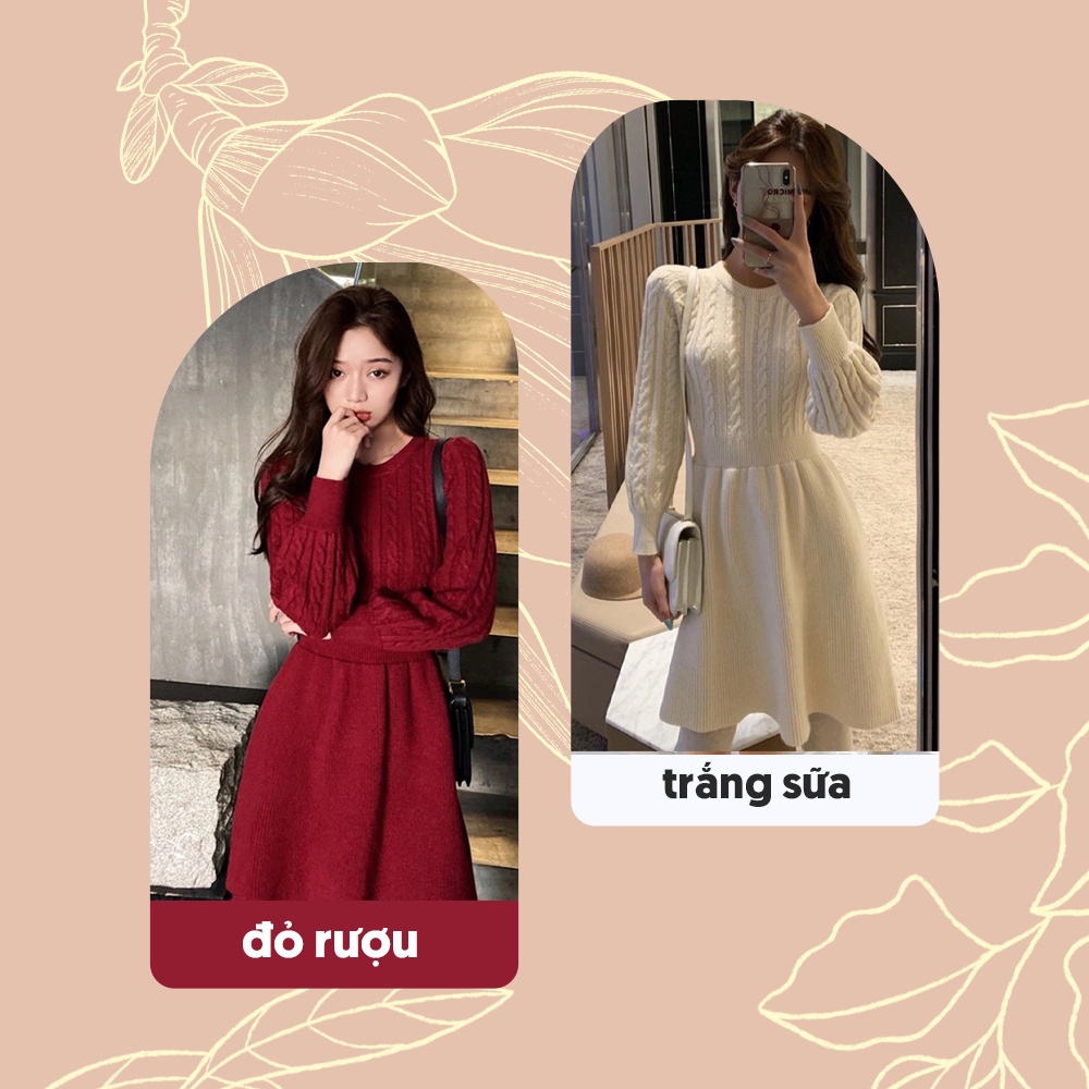 Váy / đầm len dáng xòe dài tay ôm dáng cổ tròn dày dặn ấm áp thời trang thu đông V00188