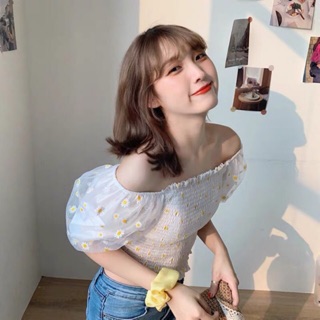 ( Sẵn xanh) Áo croptop cúc hoạ mi dáng trễ vai voan tơ bling bling