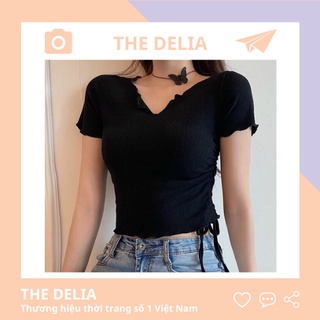 Áo croptop tay ngắn cổ chữ v THE DELIA Áo croptop nữ tay ngắn form rộng