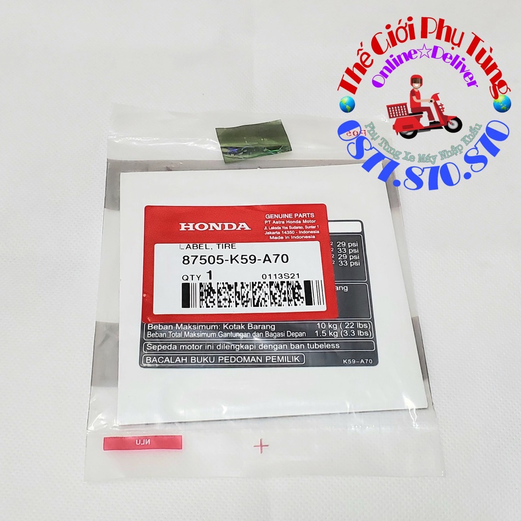 Tem thông số dán yếm khóa Vario 2015-2021 Zin honda Indo