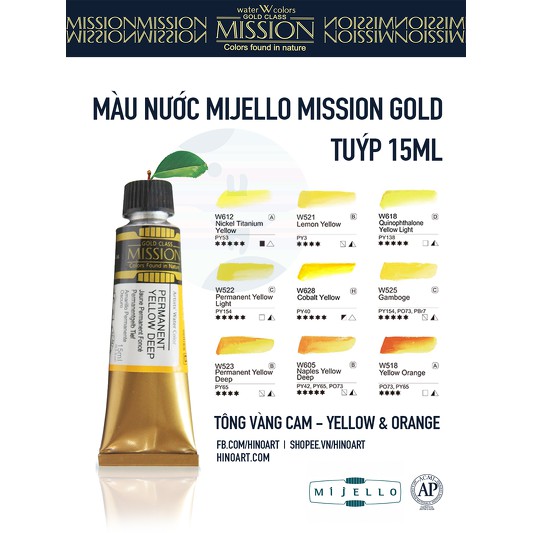 Tông vàng, cam màu nước Mijello Mission Gold - tuýp 15ml lẻ