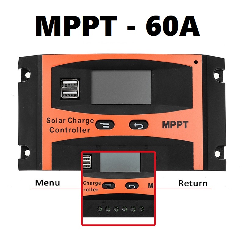 Điều khiển sạc năng lượng mặt trời MPPT 60A tự nhận bình 12/24Vcông nghệ MPPT hiệu suất cao tổn hao ít