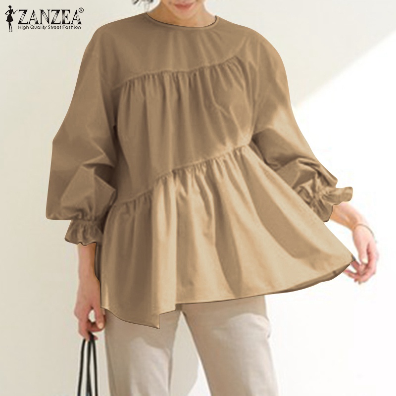 Áo kiểu Zanzea tay phồng dài cổ tròn màu trơn thời trang cho nữ