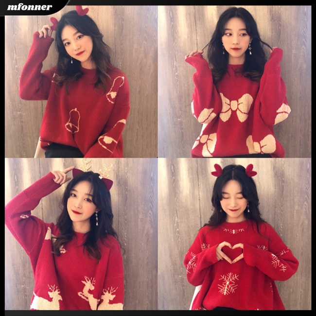 Áo Sweater Dệt Kim Tay Dài Cổ Tròn Dáng Rộng In Hoạt Hình Giáng Sinh Thời Trang Cho Nữ