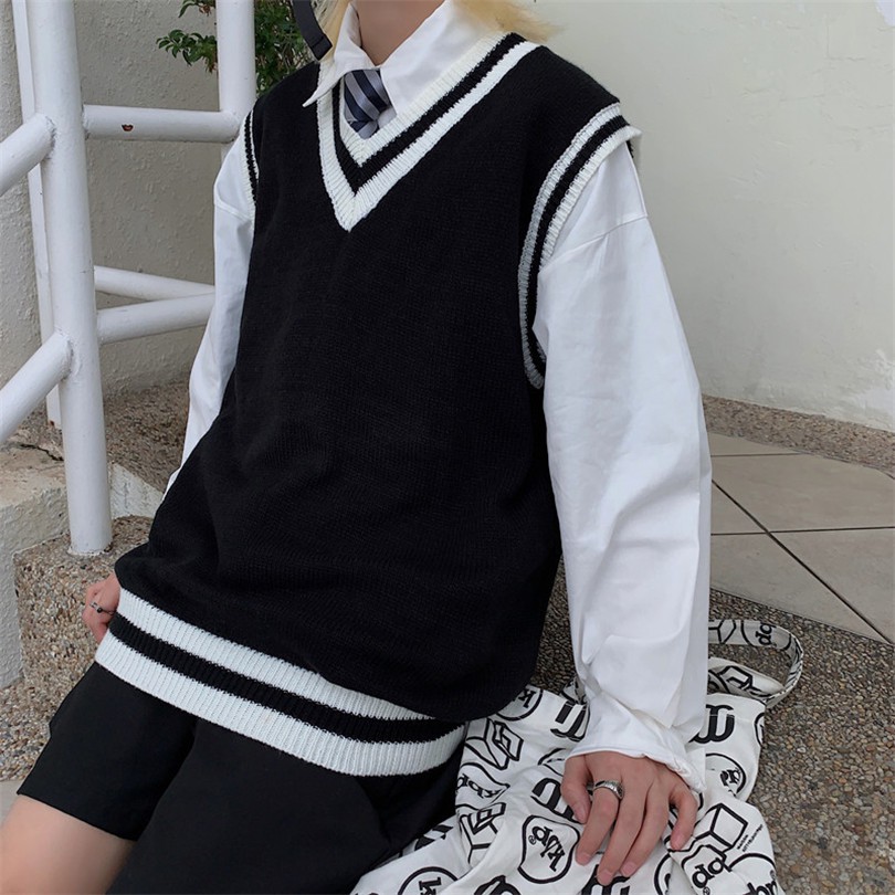 Áo Sweater Không Tay Dáng Rộng Cổ Chữ V Màu Sắc Retro Hàn Quốc Dành Cho Cặp Đôi