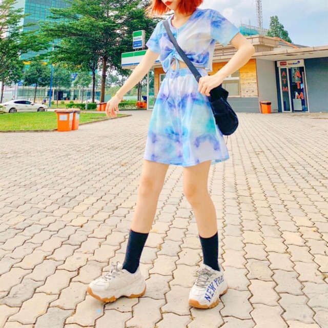 Set Loang Màu Chân Váy Và CropTop Rút Ngực Ảnh Thật