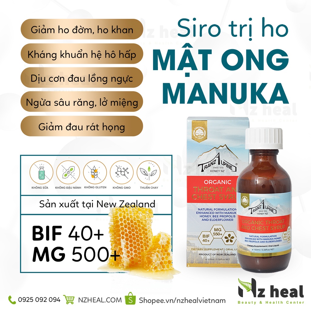 [Hỏa tốc] Siro mật ong Tranzalpine Organic Manuka Throat and Chest Syrup MG550+ - Giảm ho, đau họng