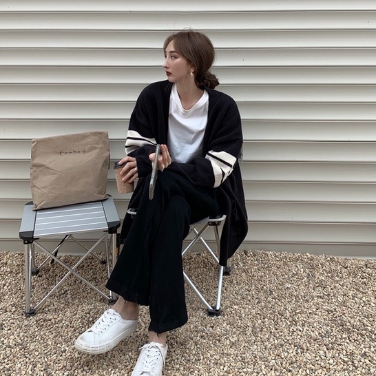 Áo Khoác Cardigan Dệt Kim Dáng Rộng Cổ Chữ V Kẻ Sọc Kiểu Hàn Quốc