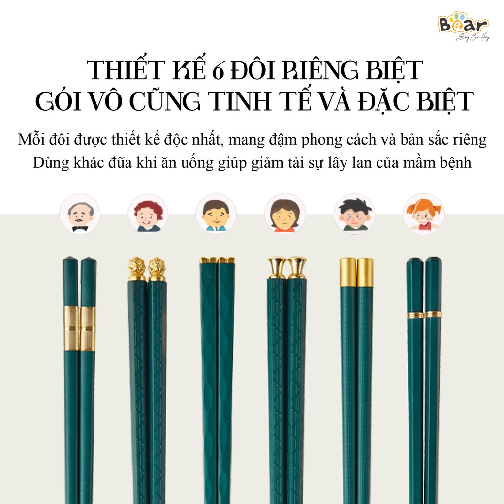 Bộ đũa nhựa phủ Nano cao cấp kháng khuẩn Bear CX-E0102,  6 đôi ,chất liệu an toàn, chịu nhiệt cao, thiết kế sang trọng
