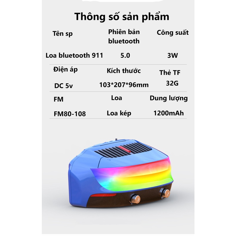 Loa bluetooth siêu xe 911 nghe nhạc hay,pin trâu, âm thanh hifi hỗ trợ usb, thẻ nhớ TF kết nối được nhiều thiết bị