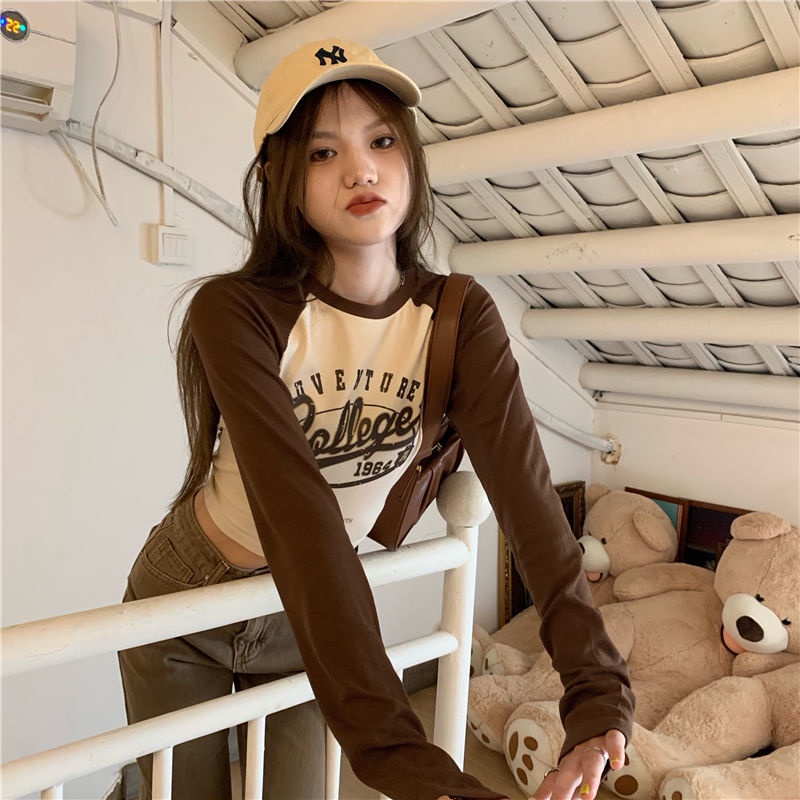 Áo thun COZOKC tay dài cổ tròn in chữ phong cách Hàn Quốc