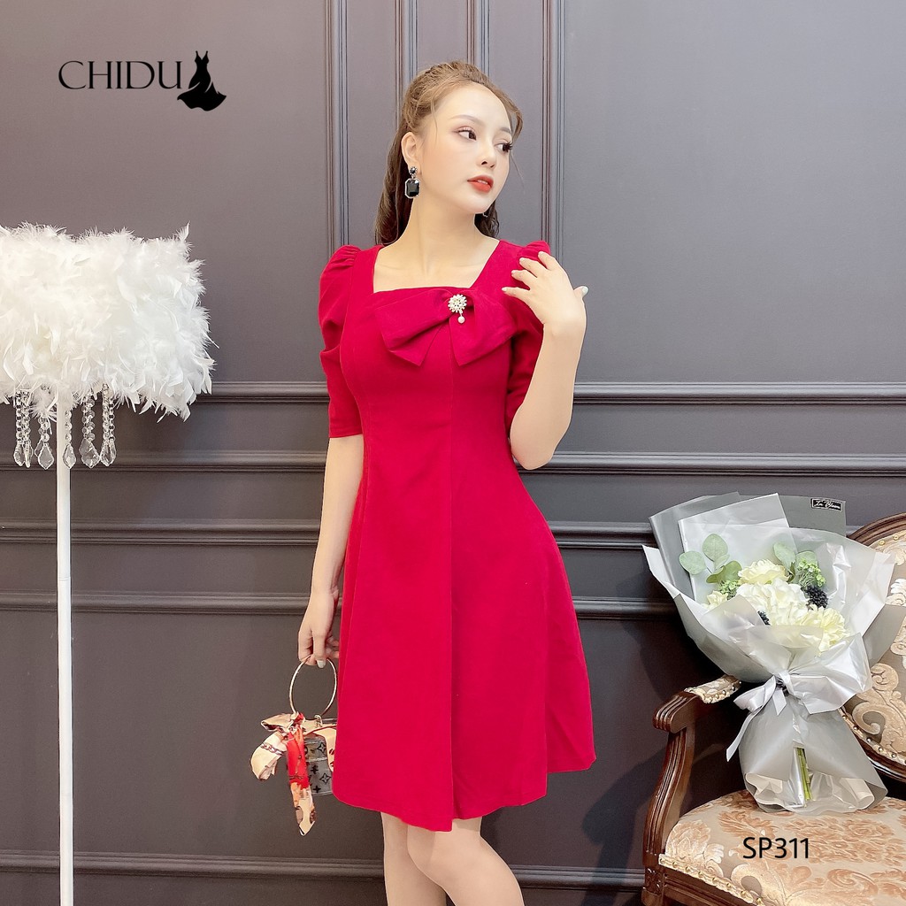 CHIDU váy nhung cổ vuông đính nơ - SP311 | BigBuy360 - bigbuy360.vn