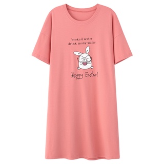 Đầm Thun Tay Ngắn Dáng Rộng In Chú Thỏ Tri Thức Họa Tiết Dễ Thương Basic Xẻ Tà Tinh Tế Chất Cotton Mềm Mát TTDS0289