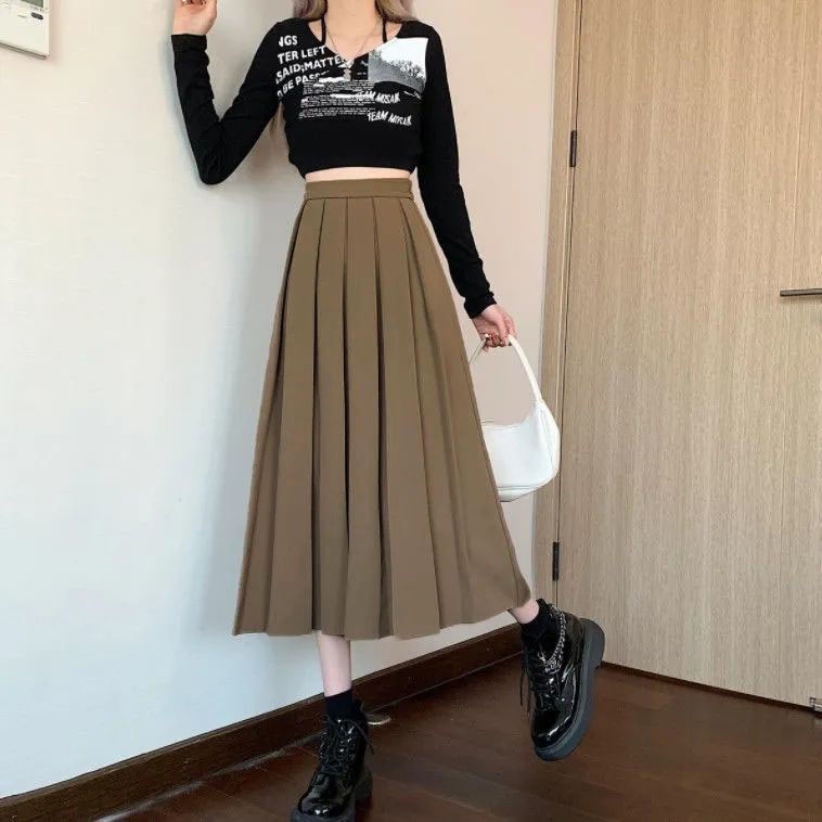Chân váy Midi xòe dáng dài xếp ly to có BIGSIZE đi làm đi chơi đi học xinh chất tuyết mưa dày dặn màu đen nâu be CV40