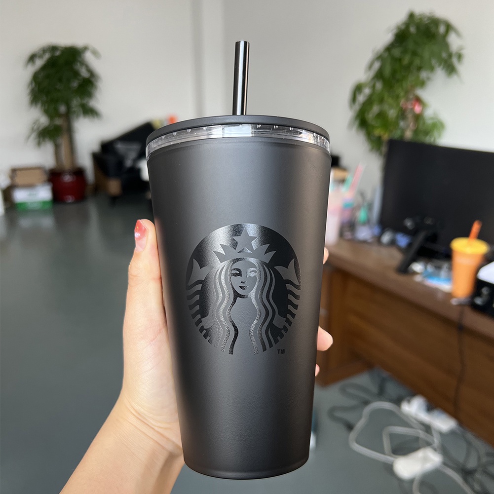 Cốc nước họa tiết logo Starbucks hai lớp màu đen nhám có ống hút