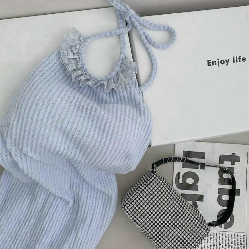 Váy len body xanh dương xẻ tà ngực cổ siêu xinh kèm ảnh thật