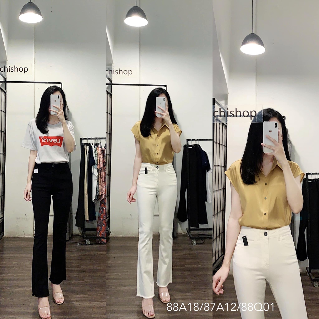 Quần jeans loe tua gấu đen trắng -88Q01