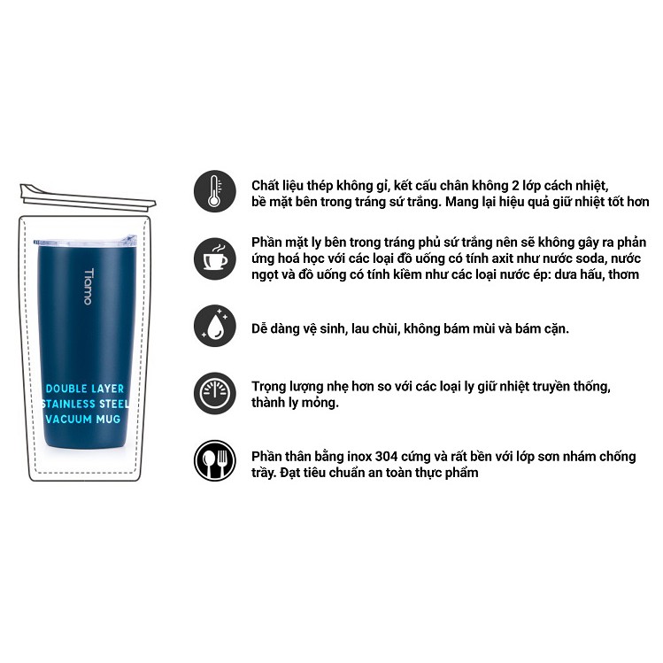 Volcano Ly cà phê trà inox phủ sứ chân không Tiamo 250ml