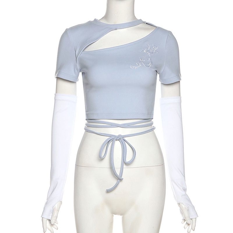 DUNEA Áo thun croptop tay ngắn thêu họa tiết thời trang cho nữ