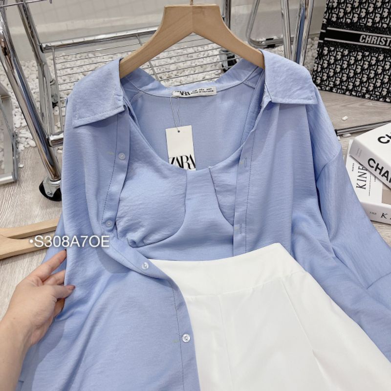 Set 3 Món Đi Biển ,Set Sơ Mi Xanh Form Rộng Khoác Ngoài Áo Bra 2 Dây Bo Chun Eo Quần Đùi Kaki Trắng Cạp Chun Vải Đũi Mát