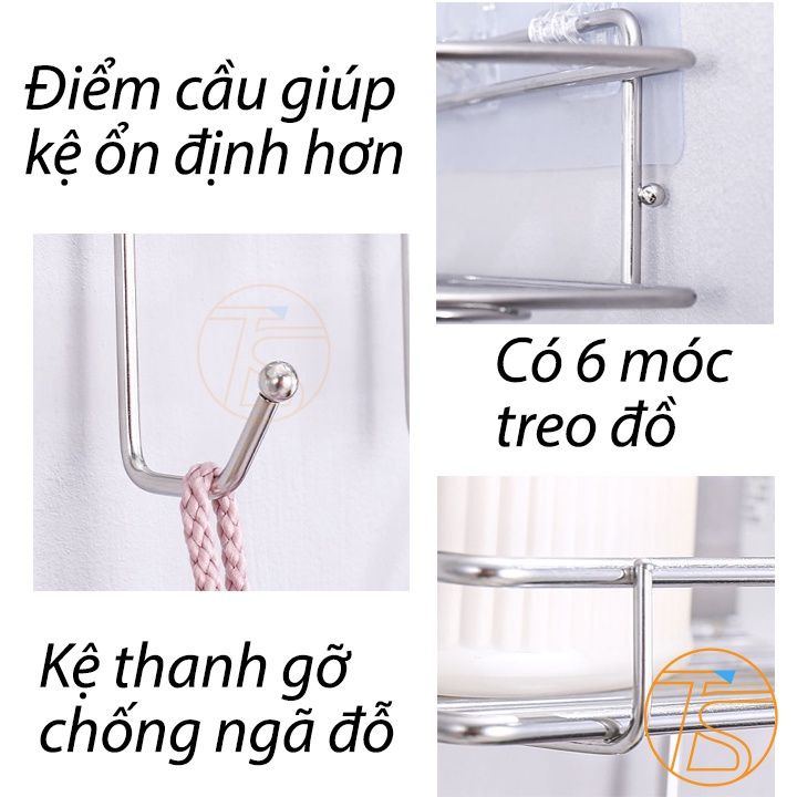 Kệ Gia Vị Inox Dán Tường Có 6 Móc Treo - Kệ Để Đồ Phòng Tắm Kèm 2 Miếng Keo Dán 16x7cm