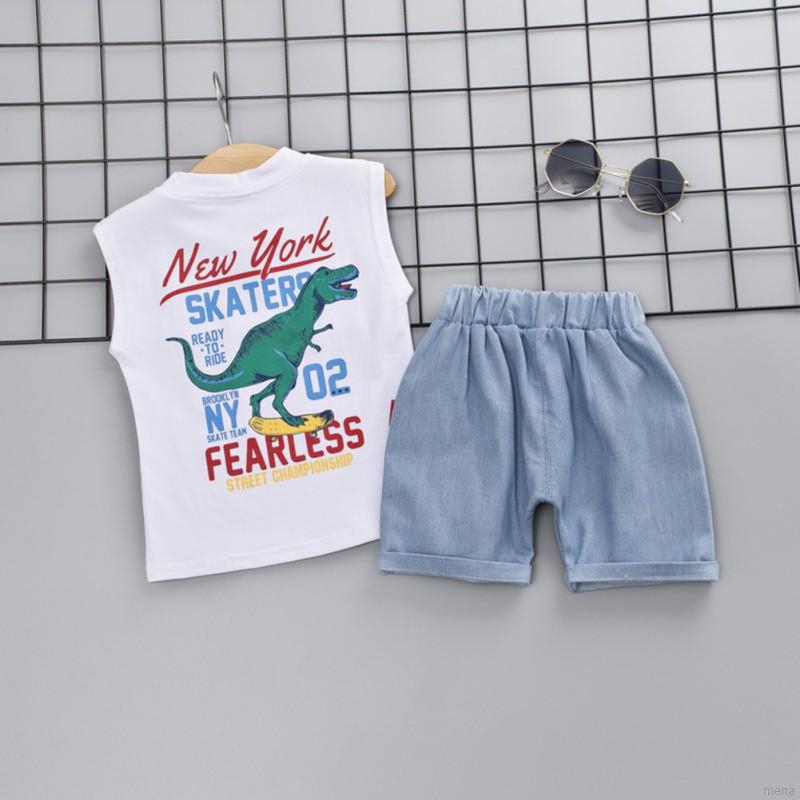 Set áo thun ba lỗ in hình khủng long + quần short jeans đáng yêu cho bé trai