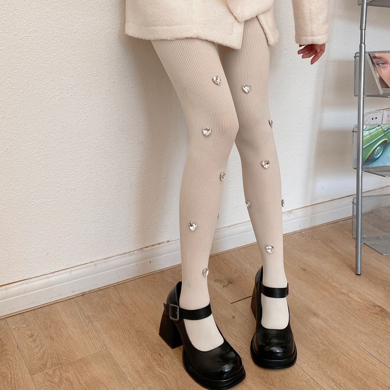 Youyo Quần Tất Màu Trơn Có Gân Đính Đá Trái Tim Lấp Lánh Thủ Công Trang Trí Lolita Mùa Thu Cho Nữ