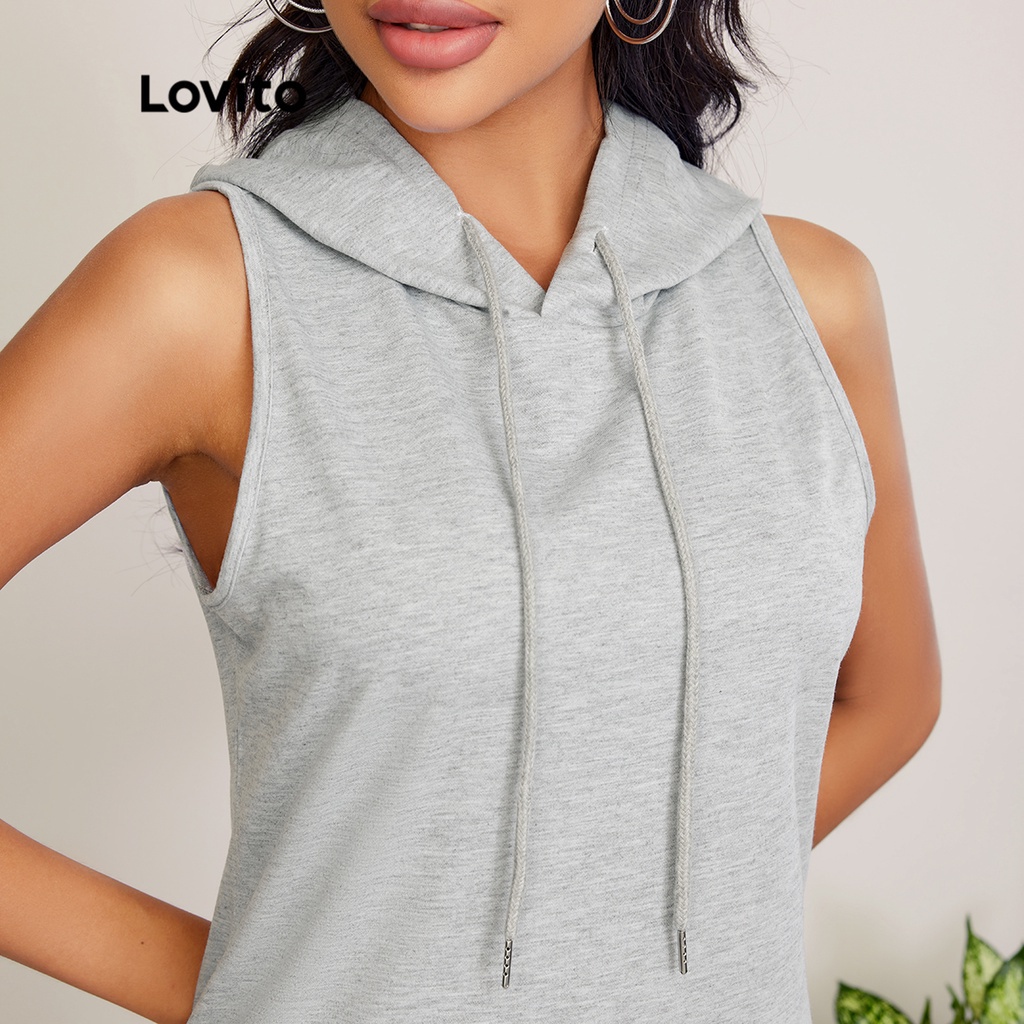 Đầm Lovito không tay có mũ trùm dây rút màu trơn phong cách thường ngày L27LD044 (màu xám)