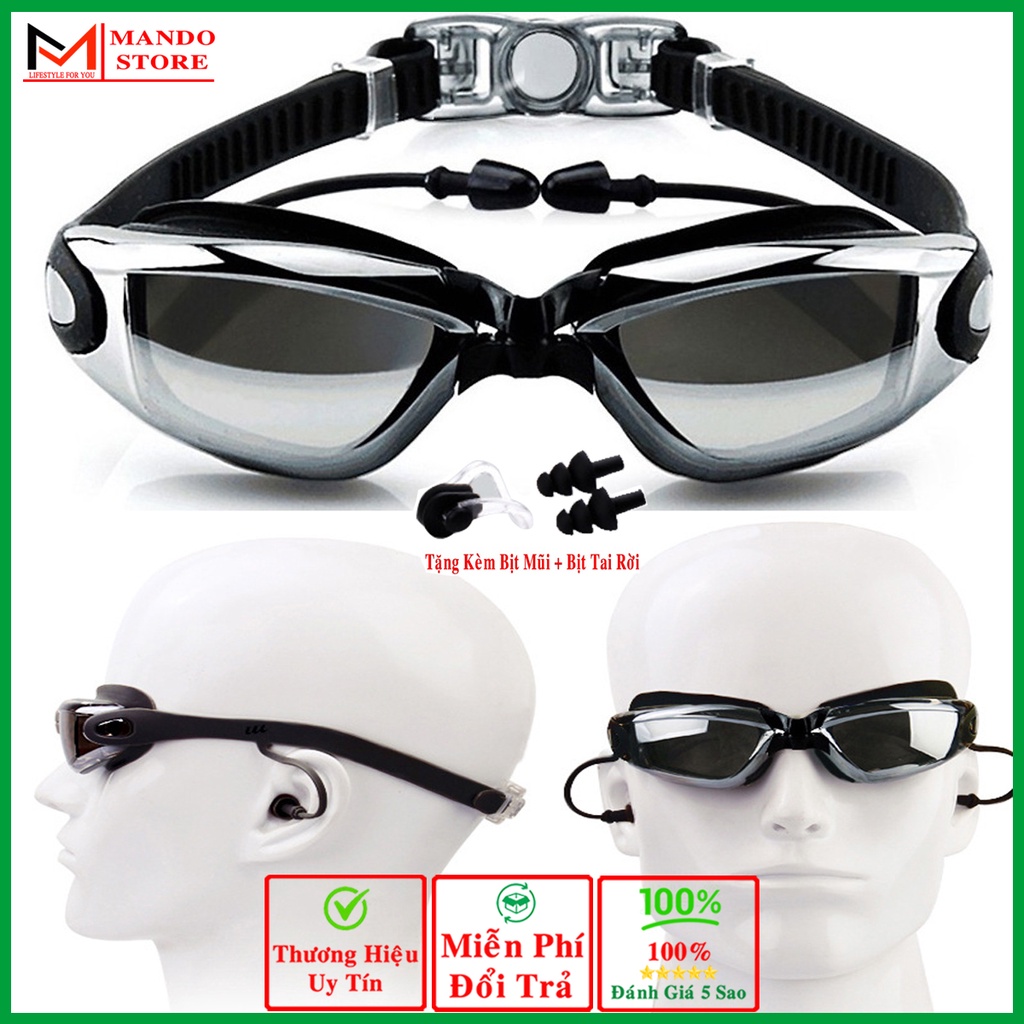 Kính Bơi Thể Thao Tráng Bạc Chống Tia UV - Có Gắn Bịt Tai Liền Với Đai Đeo Chống Nước - Tặng Kèm Bộ Bịt Tai Bịt Mũi Xịn