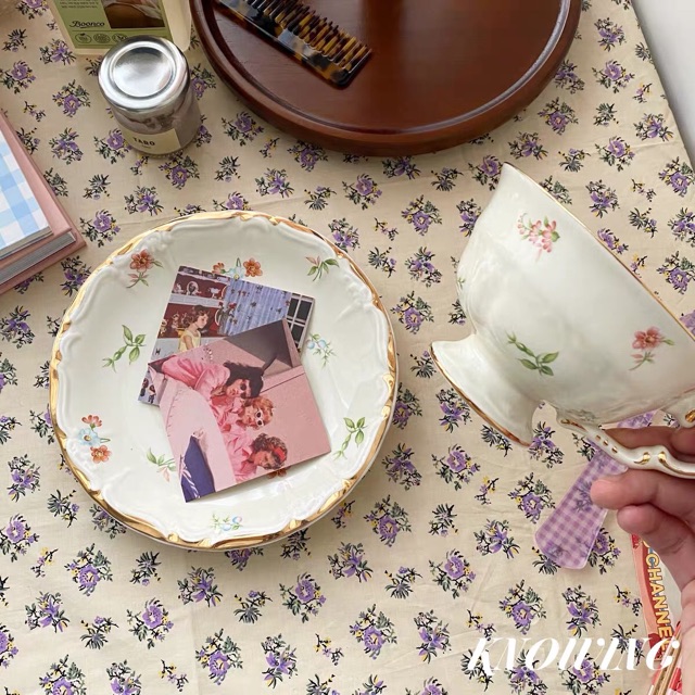 Set đĩa tách trà hoa nhẹ nhàng viền vàng kim siêu xinh