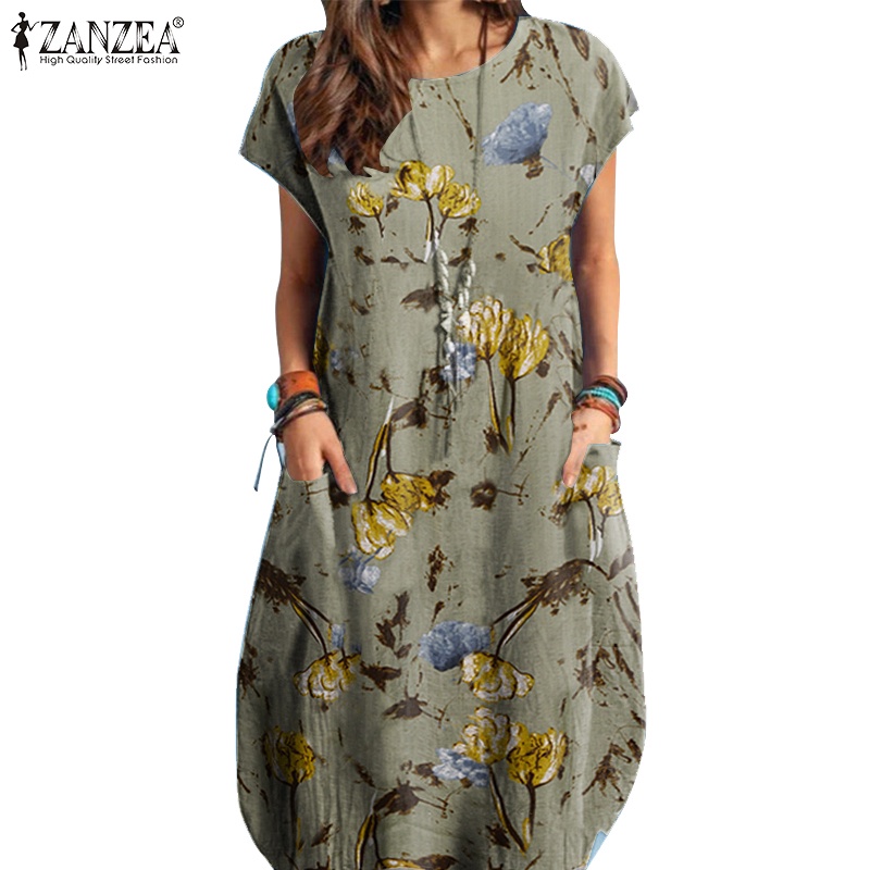 Đầm midi Zanzea tay ngắn cổ tròn in họa tiết hoa thời trang cho nữ