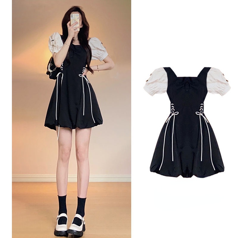 Đầm Ngắn Chữ A Tay Phồng Cổ Chữ V Thắt Dây Eo Thời Trang Mùa Hè 2022 Mới Dành Cho Bạn Nữ