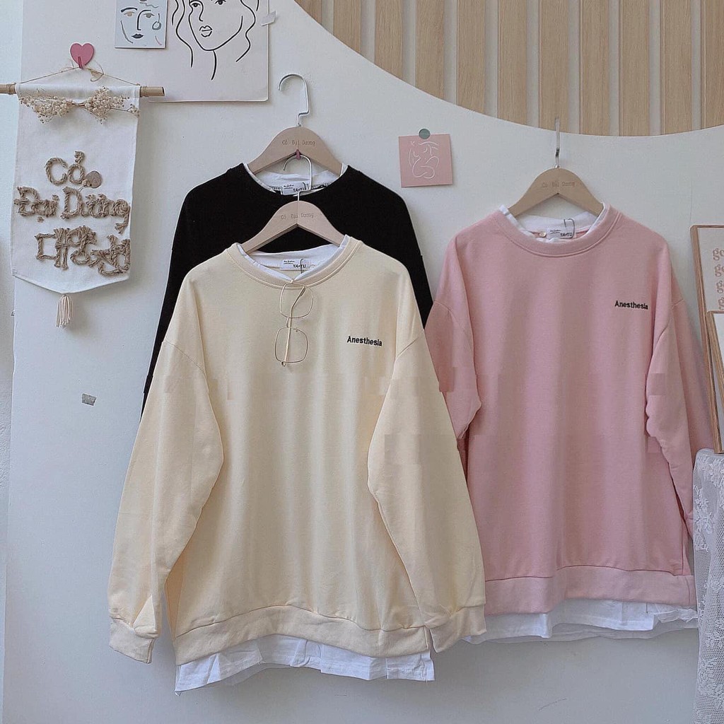 Áo Sweater Phối Vạt ANESTHESIA Nữ [FREESHIP] 🌸 Thun da cá dài tay phông thêu chữ nhỏ màu ĐEN | HỒNG | BE Ulzzang Nữ 🌸