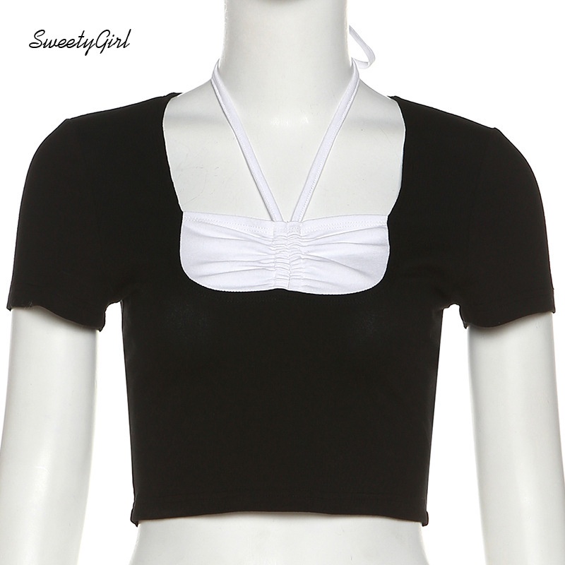 Áo Croptop Tay Ngắn Dáng Ôm Phối Màu Tương Phản Thời Trang 2022 Quyến Rũ Cho Nữ