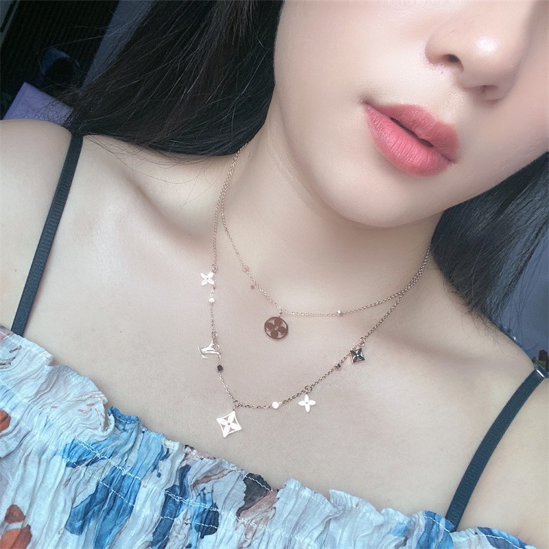 Dây Chuyền Hai Lớp Bằng Thép Không Gỉ Chống Nước Không Gây Dị Ứng Họa Tiết Hoa Năm Cánh Thời Trang Cho Nữ