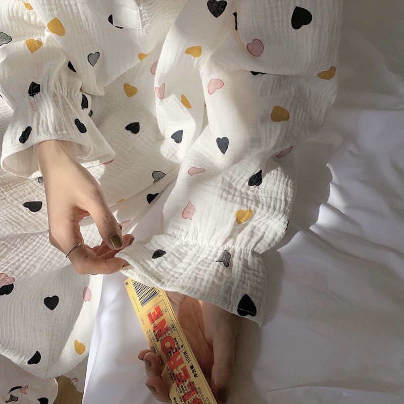 Đồ ngủ tay dài dáng rộng in họa tiết trái tim phong cách Hàn Quốc thời trang cho nữ