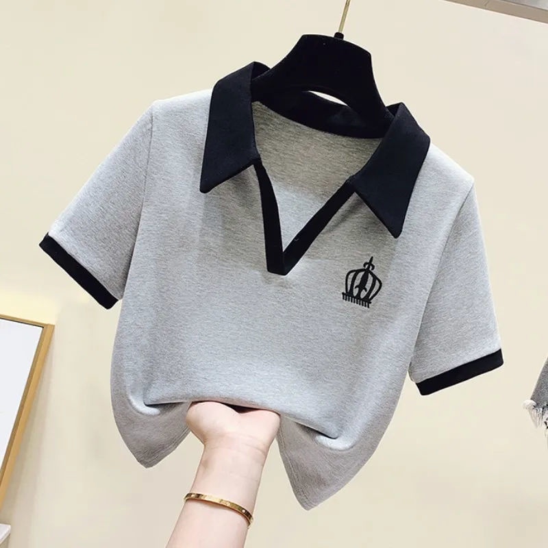 Áo Thun polo Dệt Kim Tay Ngắn Cổ Chữ V Dáng Ôm Thời Trang Mùa Hè Xinh Xắn Cho Nữ