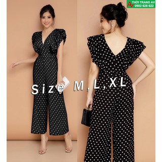 Jumpsuit - Đồ bay dài cổ tim ống suông rộng chấm bi tay phối bèo - AV6275