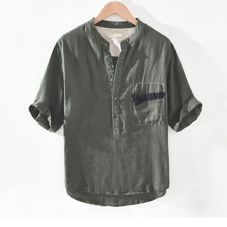 Áo sơ mi đũi nam cổ tầu túi lật, thời trang xuân hè 2021