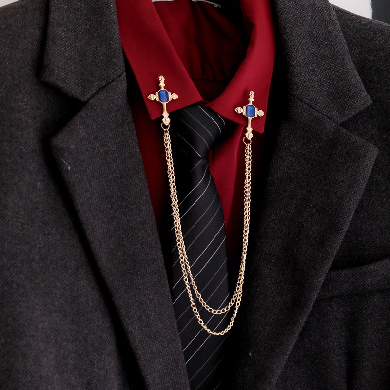 Ghim cài áo Vest nam Lapel Pin thời trang hình chữ thập đính hạt đá nối dây dài GH-210  {Phụ kiện Vest Nam - AdamZone}