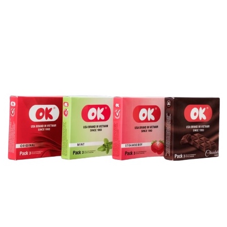 Bao cao su OK, bao cao su siêu mỏng mùi hương dâu tây, bạc hà, chocolate, không mùi, hộp 3 bcs