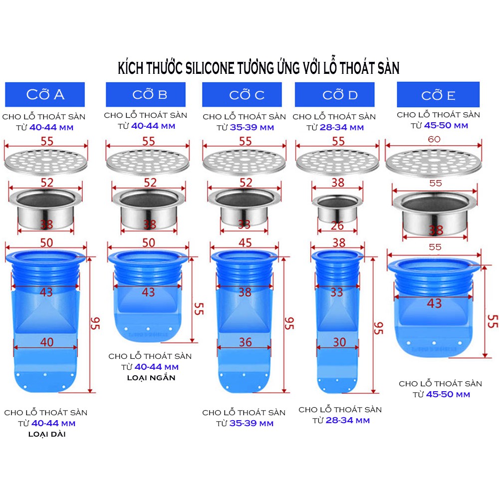 Combo 3 bộ chặn mùi nắp cống, ngăn trào ngược, ngăn côn trùng silicon nắp kim loại