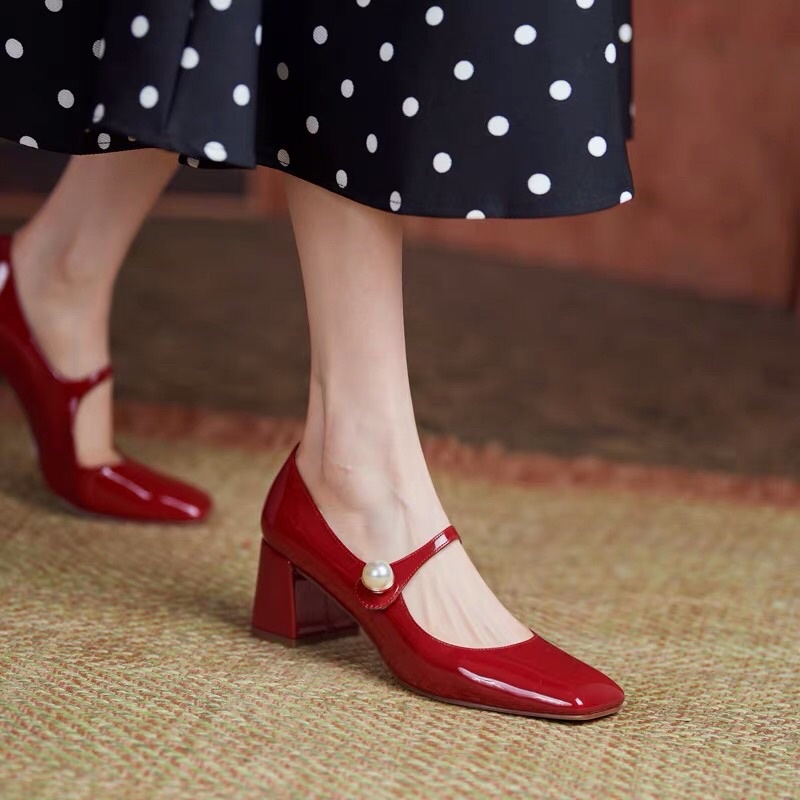 Giày mary jane da bóng đính ngọc quai ngang gót vuông phong cách vintage lolita