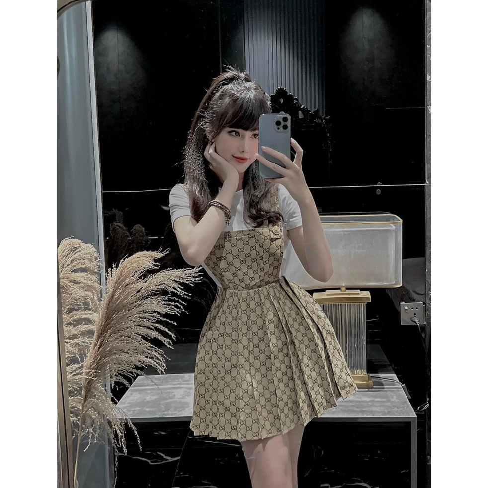 [9.9 Sales Freeship] Set yếm váy tiểu thư, set yếm kaki xếp ly in họa tiết kèm áo thun trắng, yếm xòe đi chơi dễ thương