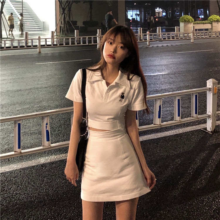 Bộ Áo Thun Ngắn Tay + Chân Váy Lưng Cao Thời Trang Mùa Hè Dành Cho Nữ