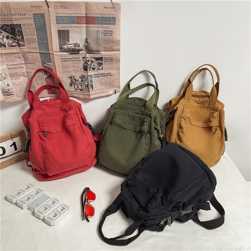 Ba lô Canvas màu trơn thời trang nữ tính balo nhiều ngăn nữ vintage