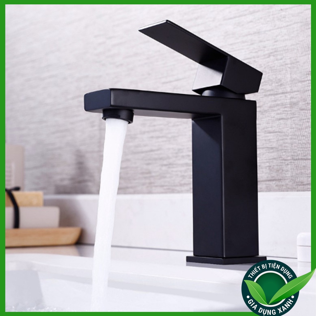 Vòi Lavabo Nóng Lạnh Inox cao cấp - Kiểu dáng Vuông Đen sang trọng ( Tặng kèm đôi dây cấp nước )
