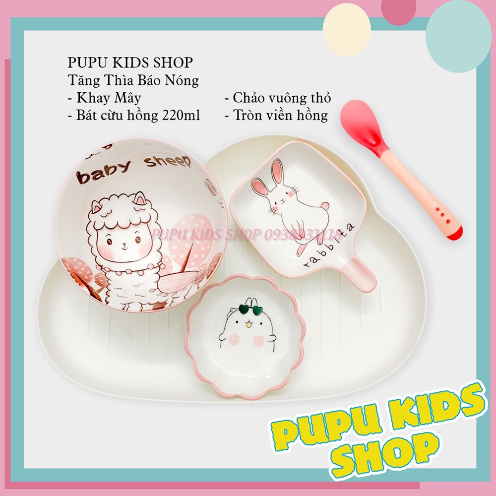 (Tặng Thìa) Combo Chén Bát Sứ Ăn Dặm Kiểu Nhật Cho Bé Màu Hồng, Cam Kèm Khay