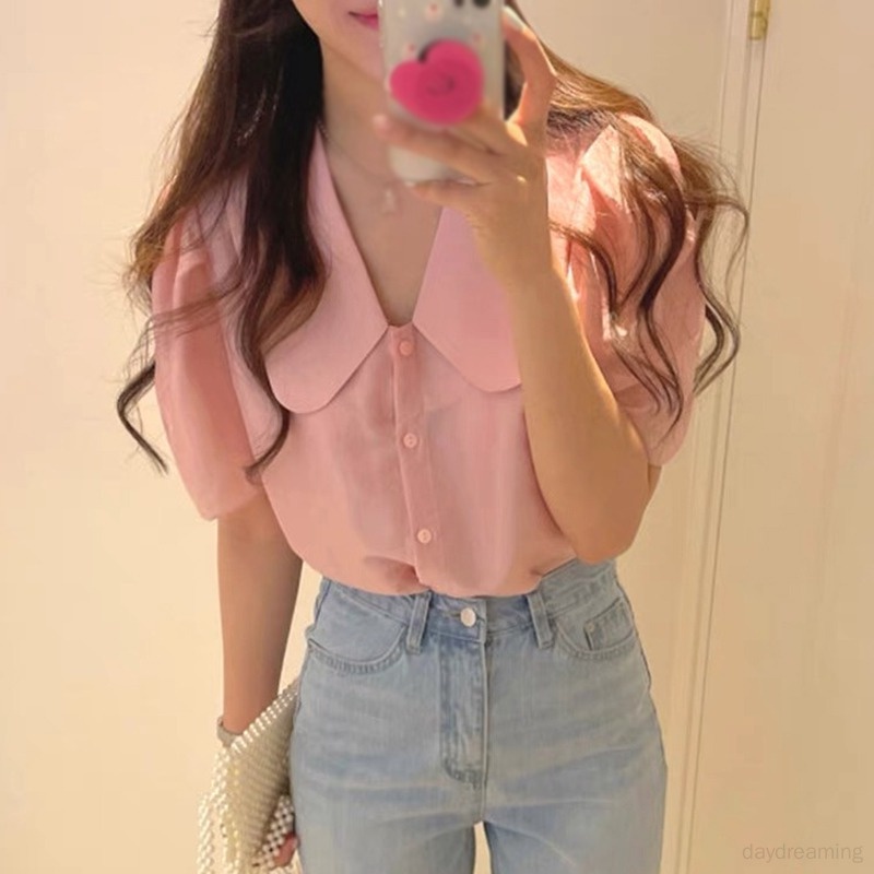 Áo Sơ Mi Cổ Bẻ Dáng Rộng Màu Sắc Ngọt Ngào Cho Nữ